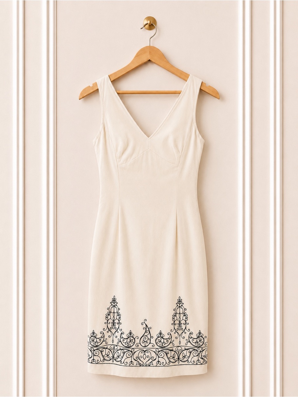 Express Cream Embroidered Sheath Midi Dress Size 5/6 Black Scroll Detail